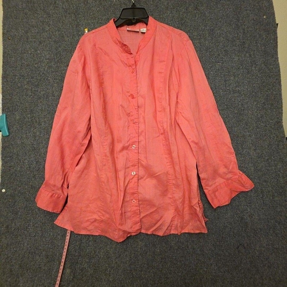 TOTO N KO Button Up Shirt Womens 1X Pink Linen Long Sleeve Tunic Top Plus